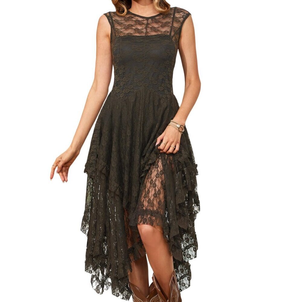 Sleeveless Backless Lace Midi Dress Elegant Formal A-Line Layered Ruffles
